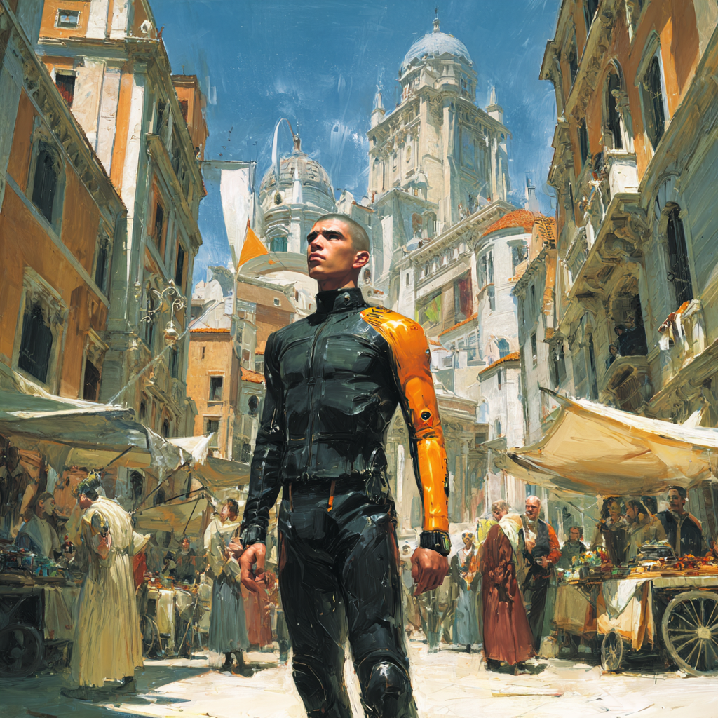 A Traveler in black and orange armor standing in a Renaissance city square